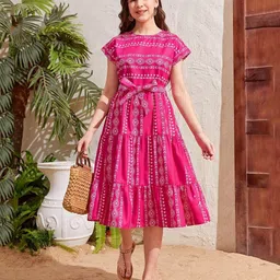 Bolly Lounge Half Sleeves Abstract Printed Layered Dress - Pink-picture-48