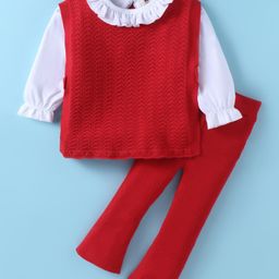 ToffyHouse Knitted Full Sleeves Winter Wear Frilly Neckline T-Shirt with Designer Sweater & FlairedTrouser - Red-image-35