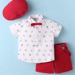 ToffyHouse Cotton Woven Half Sleeves Nautical Theme Printed Shirt & Shorts Set with Bow Suspender & Hat - Red-picture-44