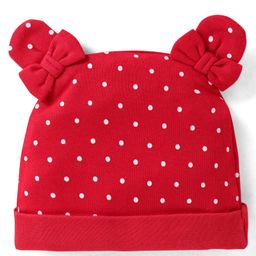 Babyhug Interlock Knit Cap With Ear Applique & Polka Dot Print - Red-picture-9