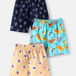 Babyhug Cotton Poplin Woven Boxers with Nautical & AnimalsPrint Pack of 3 - Blue & Peach-image-11
