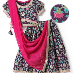 EARTHY TOUCH Single Jersey Knit Half Sleeves Choli Lehenga Set With Floral Print & Dupatta - Purple-picture-14