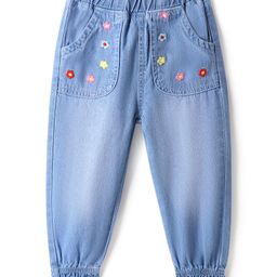Mark & Mia Full Length Silky Denim Jeans with Pocket & Floral Embroidery - Light Blue-image-73