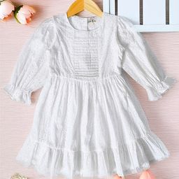 Bella Moda Cotton Three Fourth Peasant Sleeves Schiffli Embroidered Dress - White-image-56