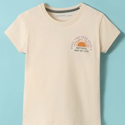 Doreme Single Jersey Knit Half Sleeves T-Shirt With Front & Back Natural Way Of Life Text Print - Beige-picture-40