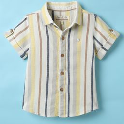 JASH KIDS Cotton Woven Half Sleeves Striped Shirts - White Lemon Yellow & Grey-image-55
