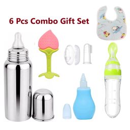 Enorme Super 6 pcs Combo of Peach Silicone Teether, Nose Cleaner, Steel Bottle, Spoon Feeder, Bib, Finger Brush-20