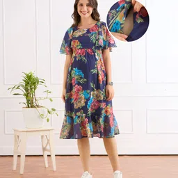 Bella Mama Viscose Woven Half Frill Sleeves Maternity Dress With Floral Print - Navy Blue-picture-25