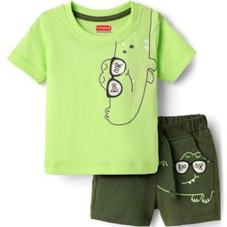 Babyhug Single Jersey Knit Half Sleeves T-Shirt & Short Set With Animal Print - Olive Green-image-87