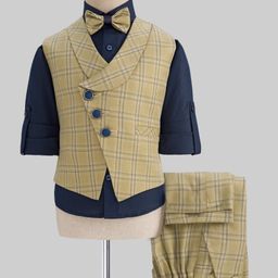 Rikidoos Full Sleeves Checked 3 Piece Party Suit With Bow Set - Khaki & Navy Blue-picture-3