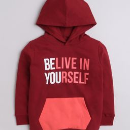 BUMZEE Looper Knit Full Sleeves Text Printed Hooded Sweatshirt With Kangaroo Pockets - Maroon-picture-2