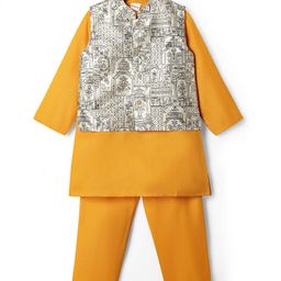 Babyhug Woven Full Length Kurta Pajama Set With Printed Jacket - Yellow-image-127