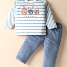 ToffyHouse Interlock Knit Full Sleeves Striped T-Shirt & Lounge Pant Set with Animal Patch Detailing - Light Blue-picture-8