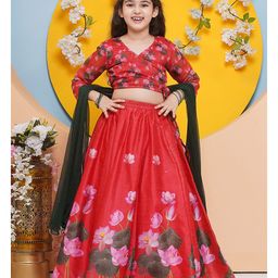Bitiya by Bhama Silk Woven Three Fourth Sleeves Floral Printed Coordinating Lehenga Choli With Dupatta Set - Red-image-88