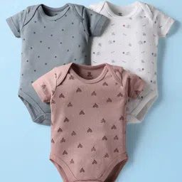 I Bears Interlock Knit Half Sleeves Onesies With Animal Print Pack Of 3 - White Grey & Pink-picture-19