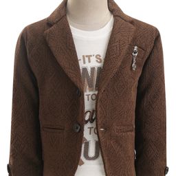 Dapper Dudes Full Sleeves Textured Blazer With Typography Printed Tee Set - Brown-picture-16