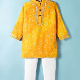 Teentaare Cotton Woven Full Sleeves Kurta & Pajama Set With Bandhani Print - Yellow-picture-19