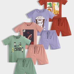 Orange Sugar 100% Cotton Knit Pack Of 4 Half Sleeves Space Theme & Popcorn Printed Coordinating Tee Shorts Set - Multi Colour-picture-17