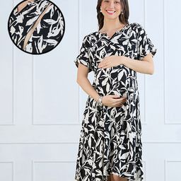 MomToBe Rayon Woven Half Sleeves Floral Printed Maternity Dress With Side Zipper Nursing Access - White & Black-picture-13
