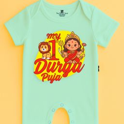 The Peppy Tend 100% Cotton Knit Durga Puja Theme Half Sleeves My 1st Durga Puja Text Printed Romper - Sea Green-picture-13