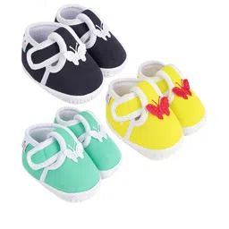 Neska Moda 0 To 6 Months Newborn Baby Boys & Girls 3 Pair Set Soft Cotton Butterfly Velcro Booties (Toe to Heel Length - 10 cm, Black, Light Green, Yellow)-31