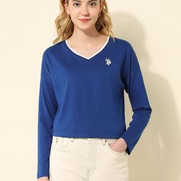 U.S. Polo Assn. Women Solid V-Neck Cotton Oversized T-shirt-image-31