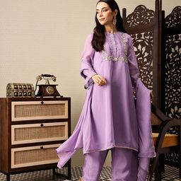 House of Pataudi Floral Yoke Design Thread Work Jashn A-Line Kurta with Palazzos & Dupatta image 5