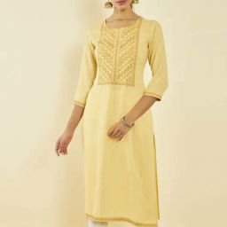 Soch Light Yellow Rayon Slub Embroidered Straight Kurta with Pocket-image-5