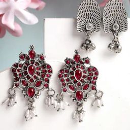 Karatcart Set Of 2 Oxidized Silver Red Stone Studded Drop Earrings for Women - Set of 2-29