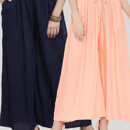 Clora Creation Women Pack Of 2 Navy Blue & Peach-Coloured Flared Knitted Ethnic Palazzos-20
