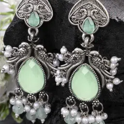 Karatcart Oxidized Silver Light Green Carved Stone Dangler Earrings for Women-picture-46