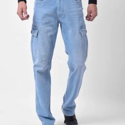 Numero Uno Light Blue Regular Fit Faded Cargo Jeans-image-7