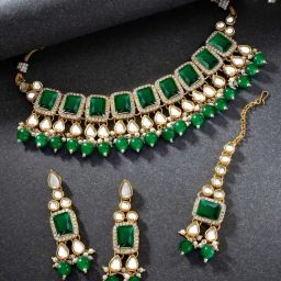 Peora Gold-Plated Kundan Studded Choker Necklace with Earring Maang Tikka Jewellery Set-image-59