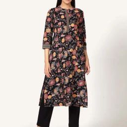Saffron Threads Black Cotton Printed Straight Kurta-image-26