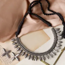 Teejh Ethnic Mazba Leaf Silver Oxidized Princess Necklace Set for Women-image-73