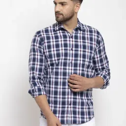 Jainish Navy Cotton Regular Fit Checks Shirt-image-51