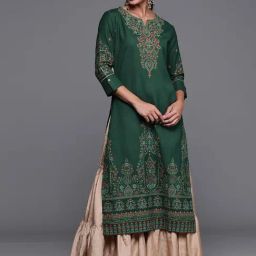 Indo Era Green Cotton Printed Straight Kurta-image-25