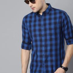 Dennis Lingo Blue & Black Cotton Slim Fit Checks Shirt-image-95