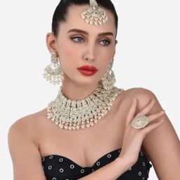 Zaveri Pearls Gold Tone Bridal Kundan Choker Necklace Earring Maangtikka & Ring Set-ZPFK13053-9