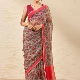 Taneira Grey & Red Printed Saree With Unstitched Blouse image 1