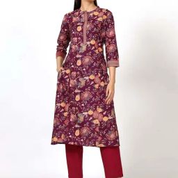 Saffron Threads Wine Cotton Printed Straight Kurta-image-51