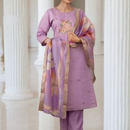 Skylee Pop Floral Embroidered Mirror Work Straight Kurta With Trousers & Dupatta-image-66