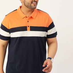 Sztori Men Plus Size Navy Blue Pure Cotton Striped Polo Collar T-shirt-12