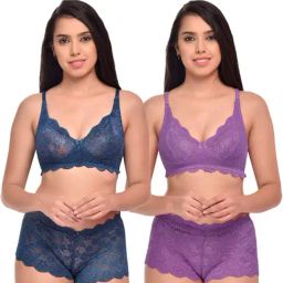AROUSY Purple & Blue Self Pattern Bra Panty Set - Pack Of 2-image-69