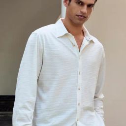 Andamen Monsoon Off-White Cotton Relaxed Fit Stripes Shirt-image-70