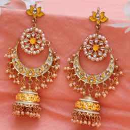 Karatcart Gold-Plated Floral Yellow Meena Kundan Jhumki Earrings image 1
