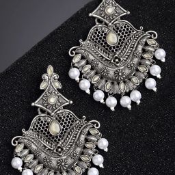 Karatcart Antique Silver Plated Grey Monalisa Stone Dangler Earrings for Women image 1