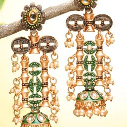 Karatcart Antique Gold-Plated Green Kundan Jhumki Earrings for Women image 1