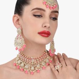 Zaveri Pearls Pink Meenakari Peacock Kundan Necklace, Earring, Maangtikka & Ring Set-ZPFK13058-image-44