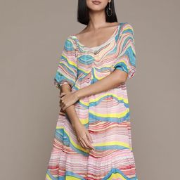 Label Ritu Kumar Print Puff Sleeves Georgette A-Line Dress-image-30
